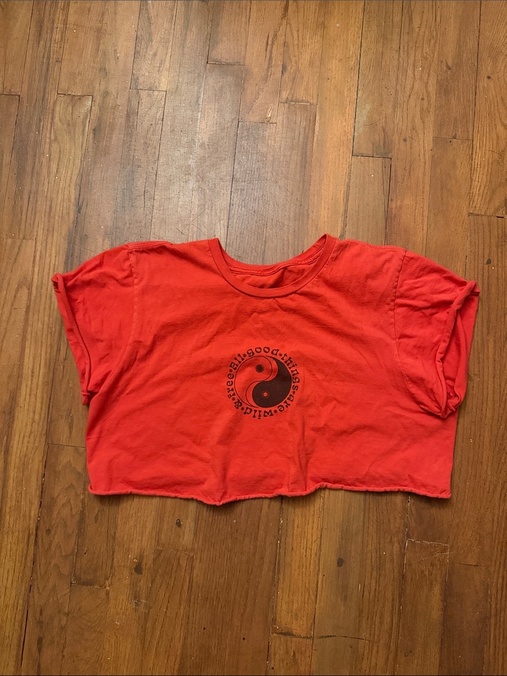 Red Cropped Graphic Tee with Yin-Yang Detail